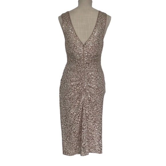 XSCAPE size 4 tan midi dress with gold sparkles and built in bra - Picture 3 of 14